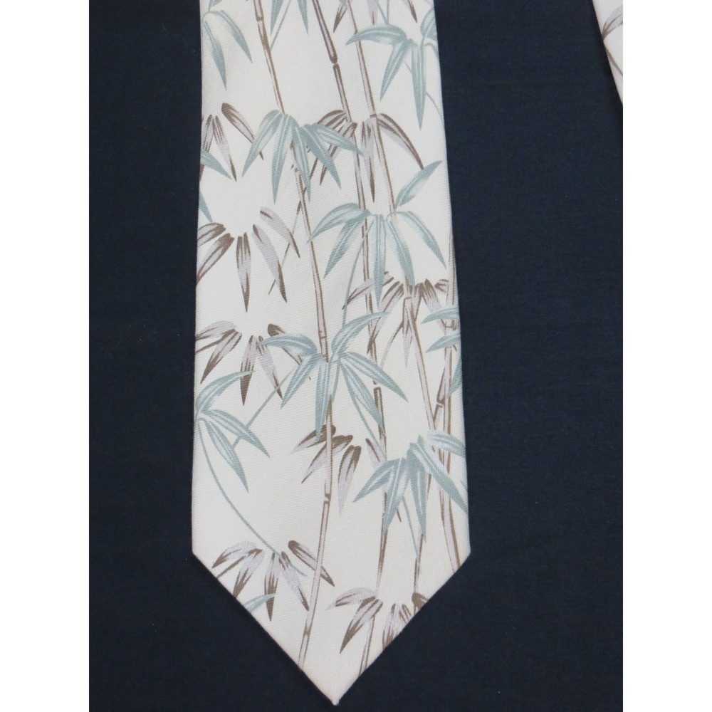 Tommy Bahama Mens Silk Tie Cream Green Bamboo‎ Leaf Tropical Print Necktie
